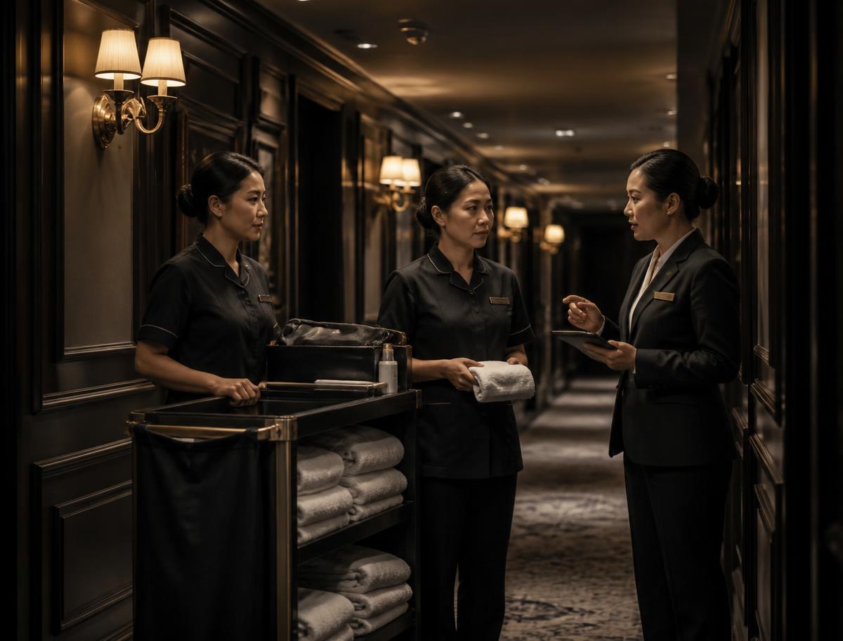 Housekeeping team and supervisor coordinating linen operations